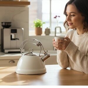 Calphalon White Enamel Stainless Steel Whistling Tea Kettle 2.7 Qt 2.5 L 0503